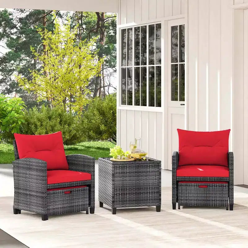 Costway Ensemble de Meubles de Jardin en Rotin 5 Pièces avec 2 Ottomans et Table Basse en Verre Trempé Noir/Gris/Bleu Marine/Beige/Rouge