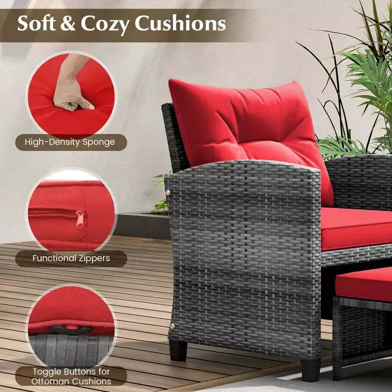 Costway Ensemble de Meubles de Jardin en Rotin 5 Pièces avec 2 Ottomans et Table Basse en Verre Trempé Noir/Gris/Bleu Marine/Beige/Rouge