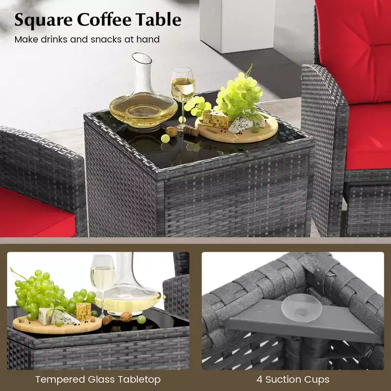 Costway Ensemble de Meubles de Jardin en Rotin 5 Pièces avec 2 Ottomans et Table Basse en Verre Trempé Noir/Gris/Bleu Marine/Beige/Rouge