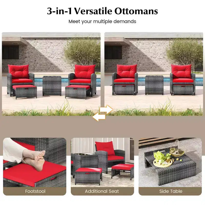 Costway Ensemble de Meubles de Jardin en Rotin 5 Pièces avec 2 Ottomans et Table Basse en Verre Trempé Noir/Gris/Bleu Marine/Beige/Rouge