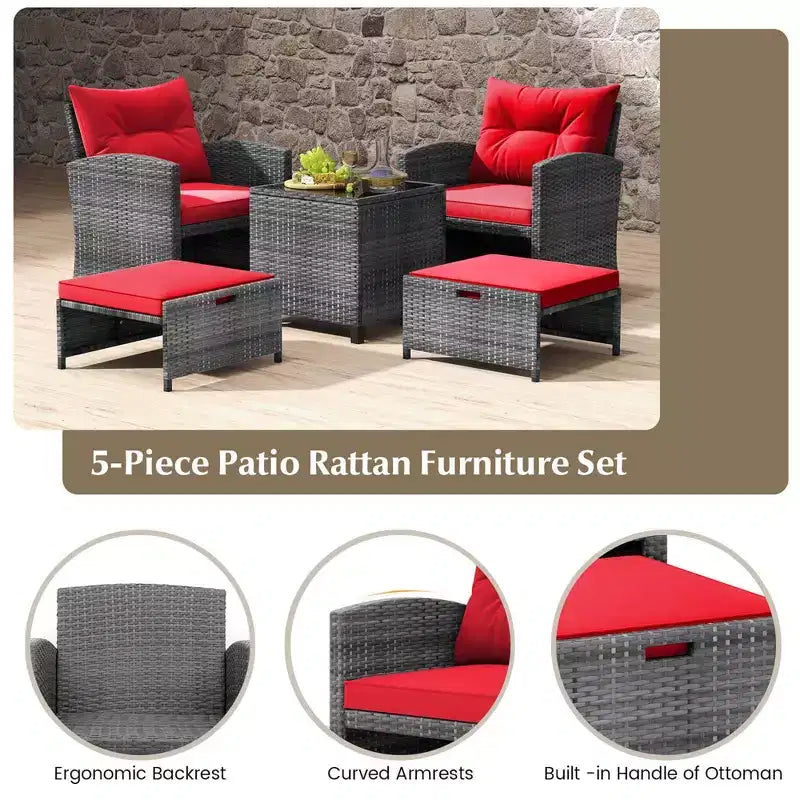 Costway Ensemble de Meubles de Jardin en Rotin 5 Pièces avec 2 Ottomans et Table Basse en Verre Trempé Noir/Gris/Bleu Marine/Beige/Rouge