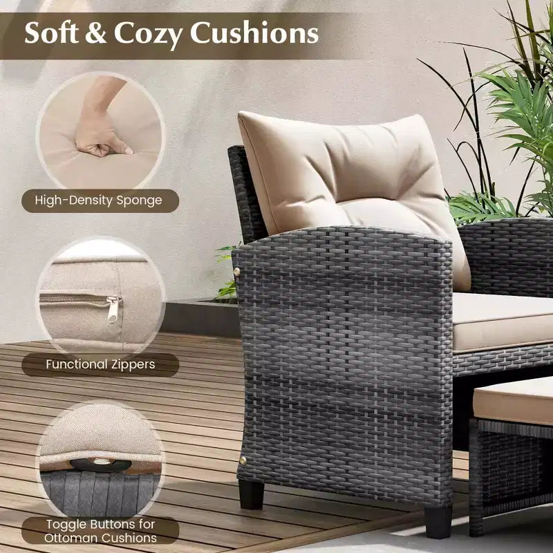 Costway Ensemble de Meubles de Jardin en Rotin 5 Pièces avec 2 Ottomans et Table Basse en Verre Trempé Noir/Gris/Bleu Marine/Beige/Rouge