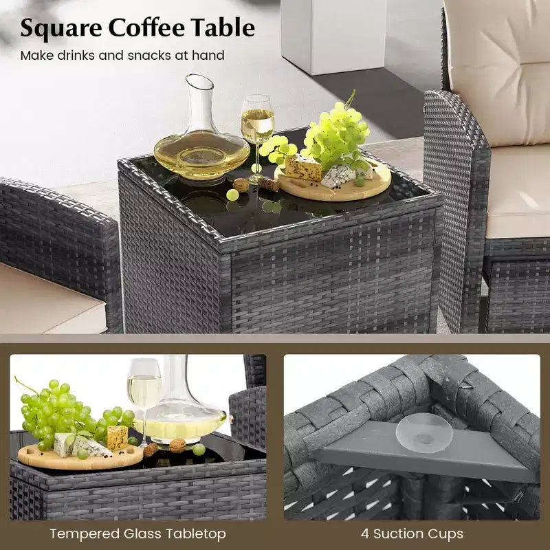 Costway Ensemble de Meubles de Jardin en Rotin 5 Pièces avec 2 Ottomans et Table Basse en Verre Trempé Noir/Gris/Bleu Marine/Beige/Rouge