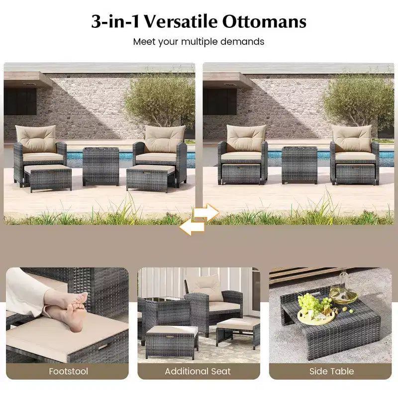Costway Ensemble de Meubles de Jardin en Rotin 5 Pièces avec 2 Ottomans et Table Basse en Verre Trempé Noir/Gris/Bleu Marine/Beige/Rouge