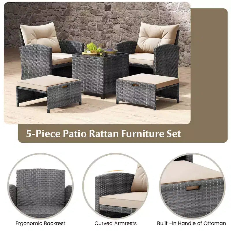 Costway Ensemble de Meubles de Jardin en Rotin 5 Pièces avec 2 Ottomans et Table Basse en Verre Trempé Noir/Gris/Bleu Marine/Beige/Rouge