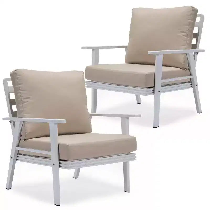 LeisureMod Walbrooke Modern Outdoor Armchairs - Set of 2 Rust-Proof White Aluminum Patio Chairs with Wide Armrests and All-Weather Design
