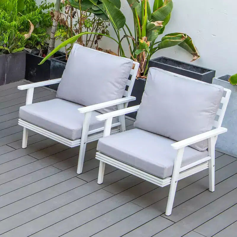 LeisureMod Walbrooke Modern Outdoor Armchairs - Set of 2 Rust-Proof White Aluminum Patio Chairs with Wide Armrests and All-Weather Design