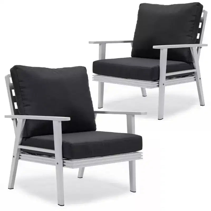 LeisureMod Walbrooke Modern Outdoor Armchairs - Set of 2 Rust-Proof White Aluminum Patio Chairs with Wide Armrests and All-Weather Design