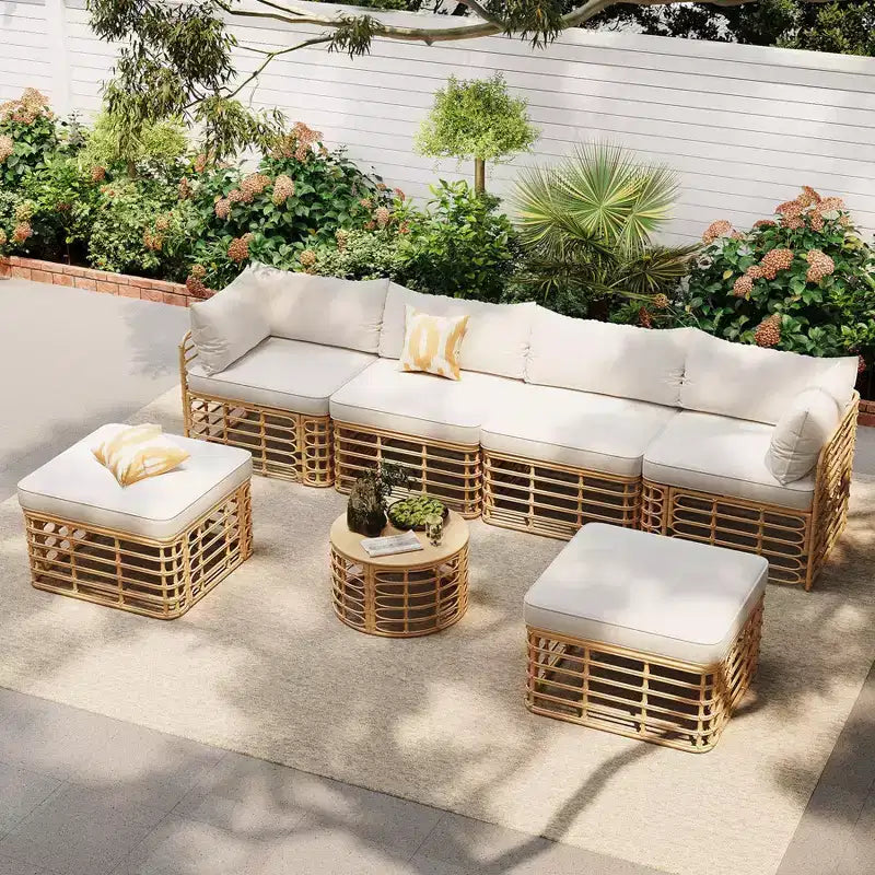 7pcs Outdoor Patio Rattan Sectional Sofa Set, Freely Combined Conversation Sets with Coffee Table 4W, Gray/Beige -ModernLuxe