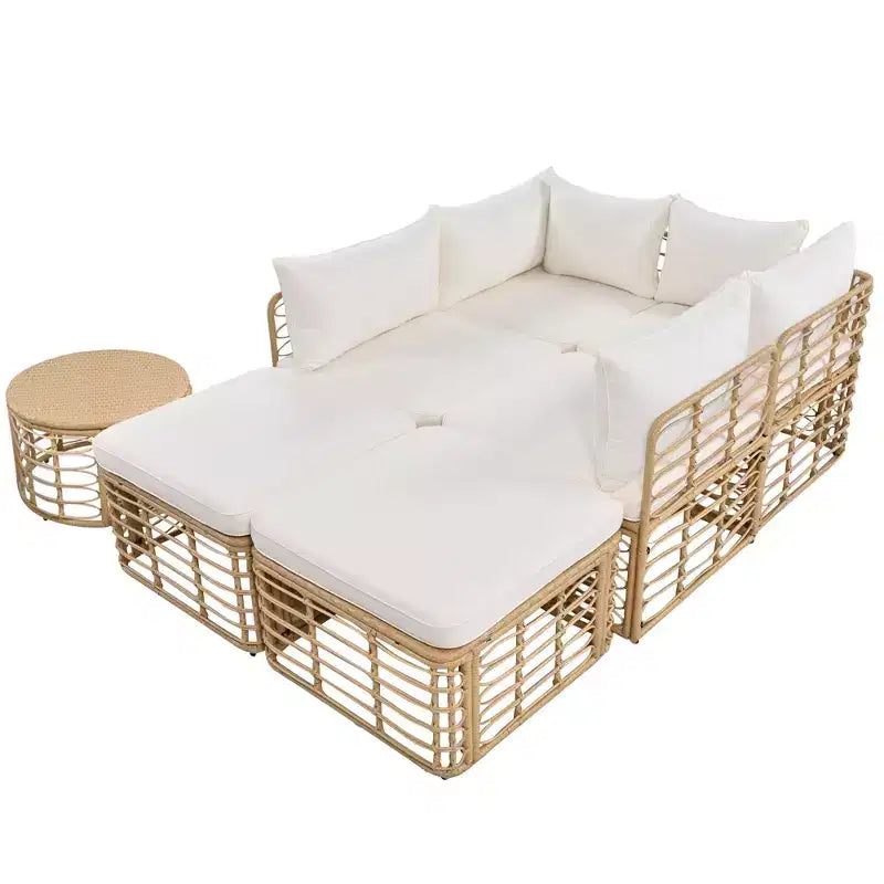 Ensemble de canapé sectionnel en rotin de 7 pièces pour patio extérieur, ensembles de conversation librement combinables avec table basse 4W, gris/beige - ModernLuxe