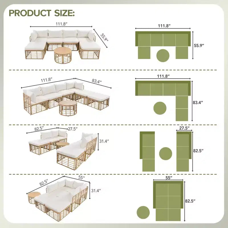 Ensemble de canapé sectionnel en rotin de 7 pièces pour patio extérieur, ensembles de conversation librement combinables avec table basse 4W, gris/beige - ModernLuxe