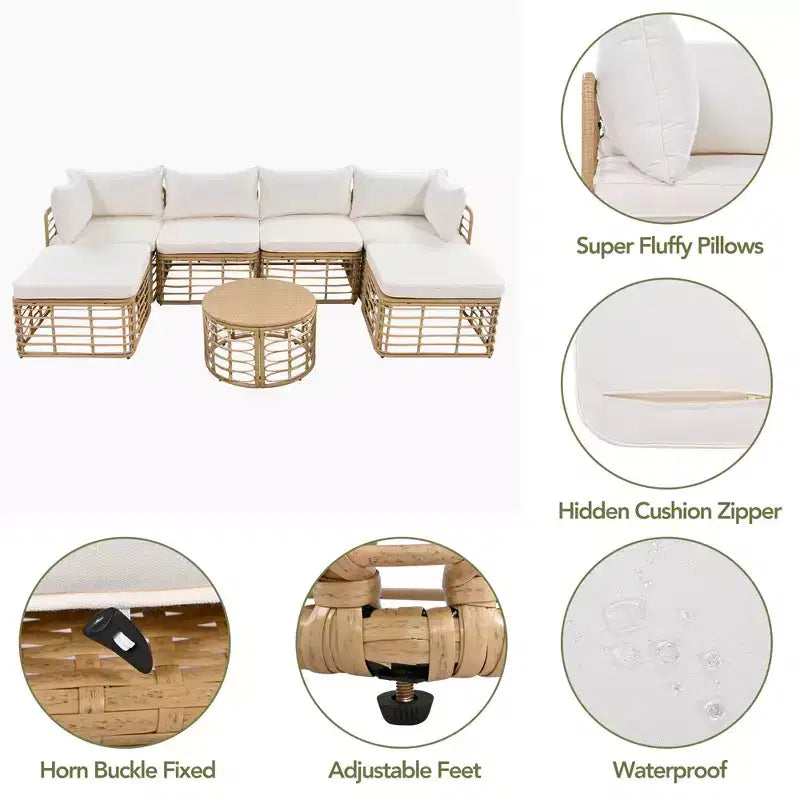 Ensemble de canapé sectionnel en rotin de 7 pièces pour patio extérieur, ensembles de conversation librement combinables avec table basse 4W, gris/beige - ModernLuxe