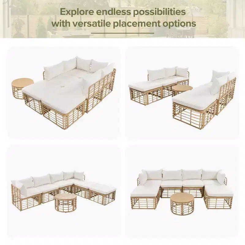 Ensemble de canapé sectionnel en rotin de 7 pièces pour patio extérieur, ensembles de conversation librement combinables avec table basse 4W, gris/beige - ModernLuxe