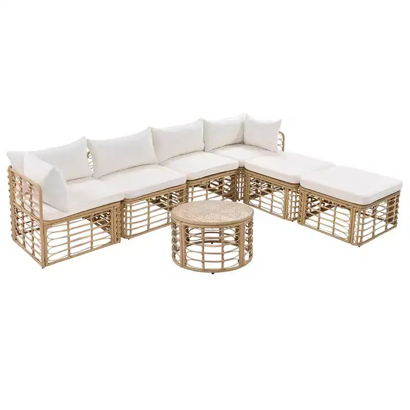 Ensemble de canapé sectionnel en rotin de 7 pièces pour patio extérieur, ensembles de conversation librement combinables avec table basse 4W, gris/beige - ModernLuxe
