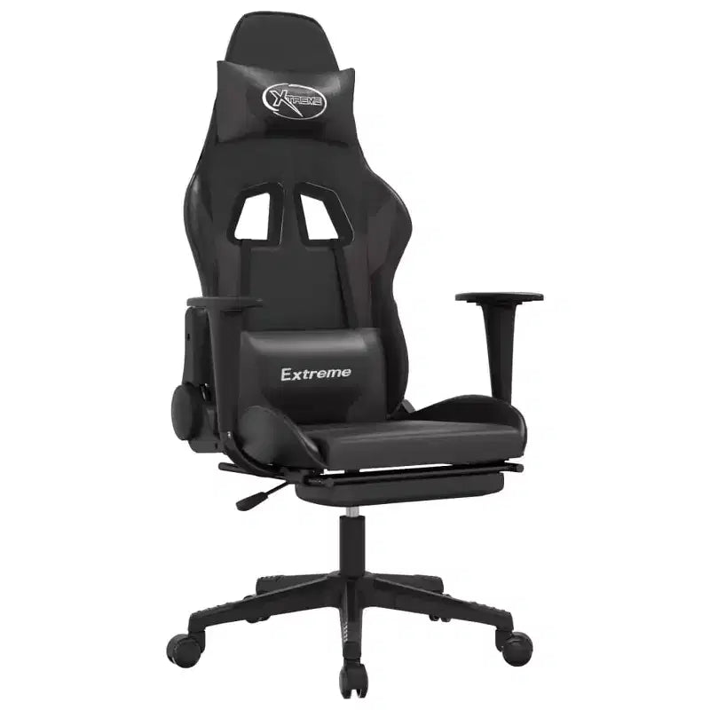 vidaXL Adjustable Gaming Chair - Black and Gray, Faux Leather, Ergonomic Design, 360-Degree Swivel, Rolling Castors, Reclining Backrest and Footrest
