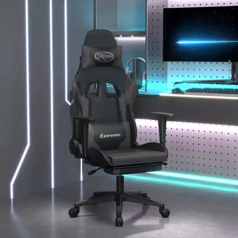 vidaXL Chaise de jeu réglable - Noir et gris, similicuir, conception ergonomique, pivotante à 360 degrés, roulettes, dossier inclinable et repose-pieds