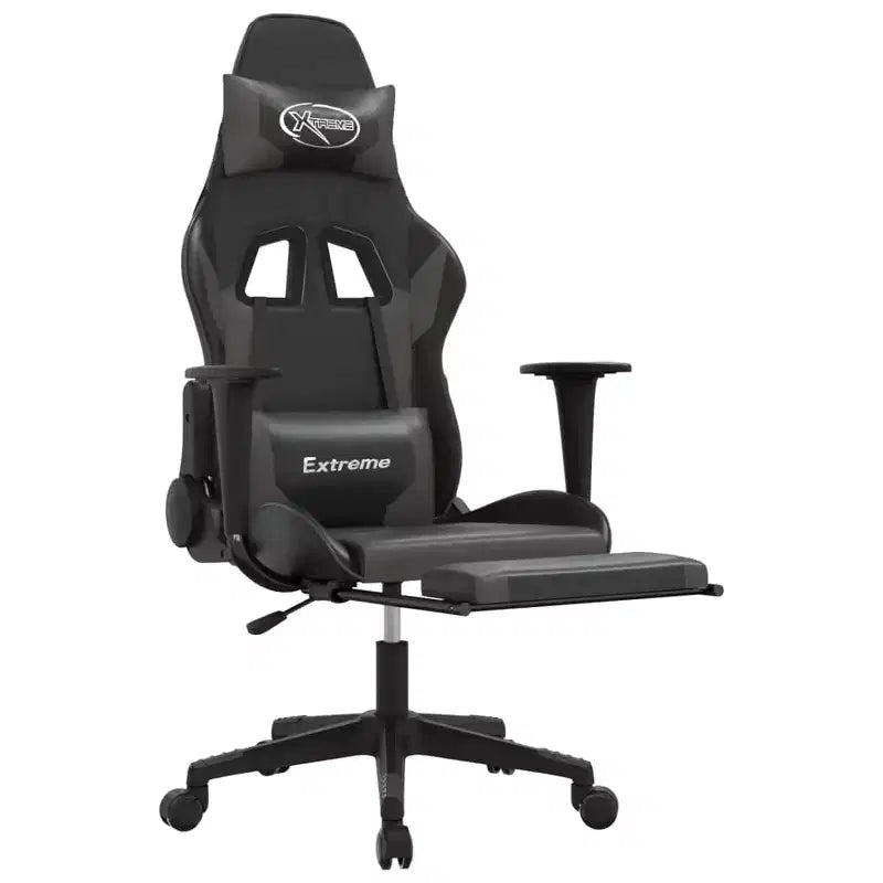 vidaXL Chaise de jeu réglable - Noir et gris, similicuir, conception ergonomique, pivotante à 360 degrés, roulettes, dossier inclinable et repose-pieds