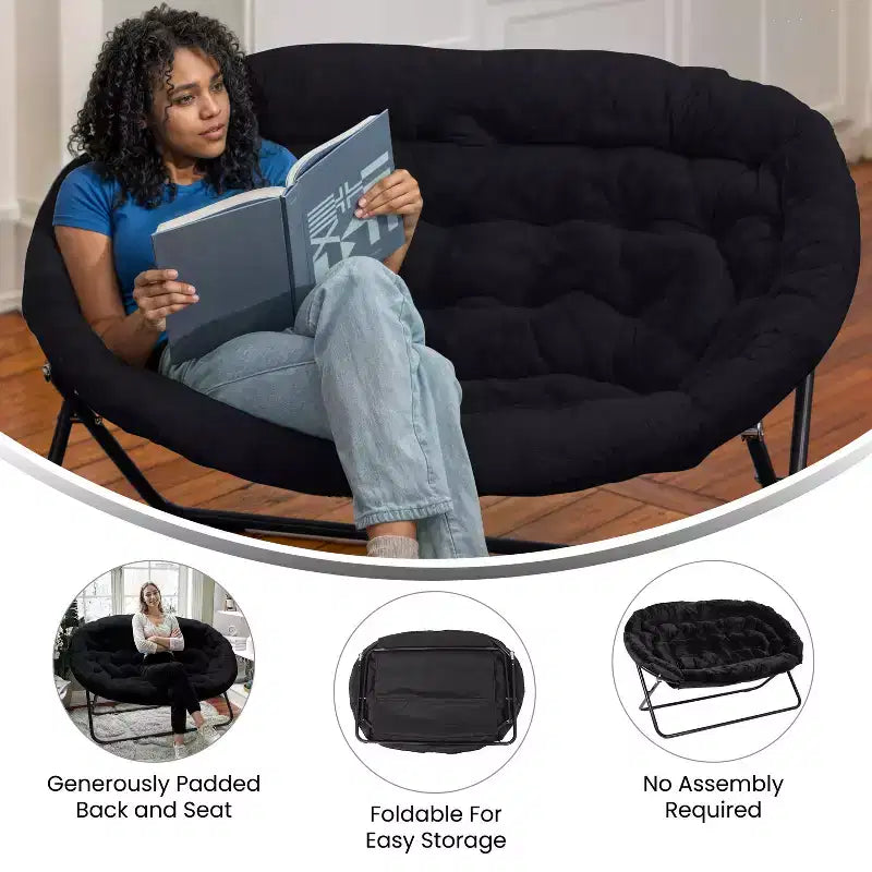 Flash Furniture Eleanor Fauteuil double soucoupe rembourré et pliable avec cadre en acier pour dortoir, salon ou chambre à coucher
