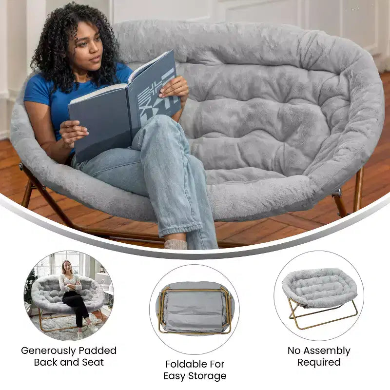 Flash Furniture Eleanor Fauteuil double soucoupe rembourré et pliable avec cadre en acier pour dortoir, salon ou chambre à coucher