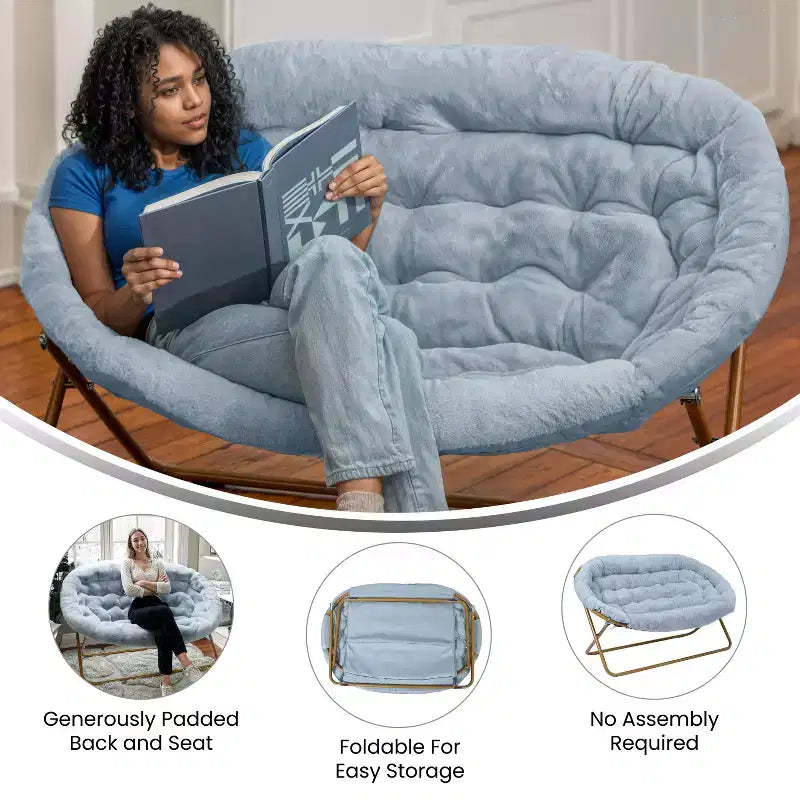 Flash Furniture Eleanor Fauteuil double soucoupe rembourré et pliable avec cadre en acier pour dortoir, salon ou chambre à coucher