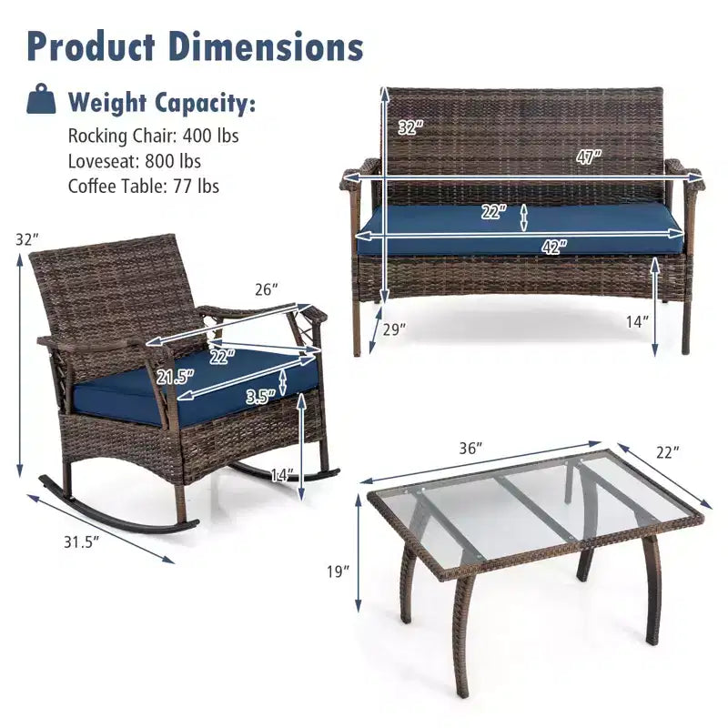 Ensemble de 4 pièces Costway en osier avec causeuse et table basse, cadre métallique robuste