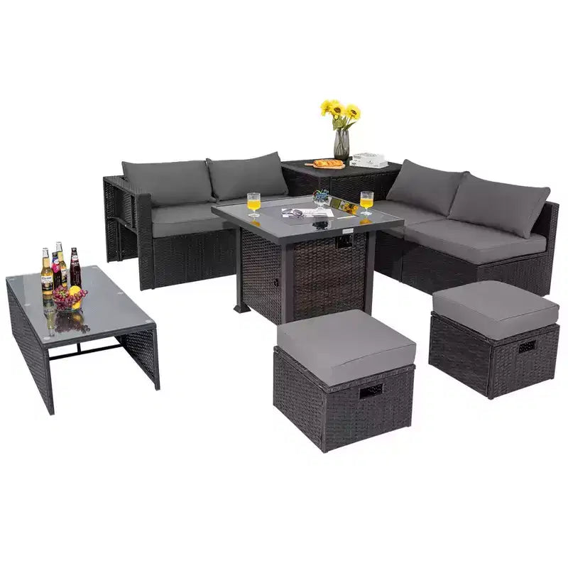 Ensemble de mobilier de patio Costway 9 pièces avec table foyer 32 po 50 000 BTU, foyer au propane carré noir/gris/bleu marine/rouge/turquoise/blanc