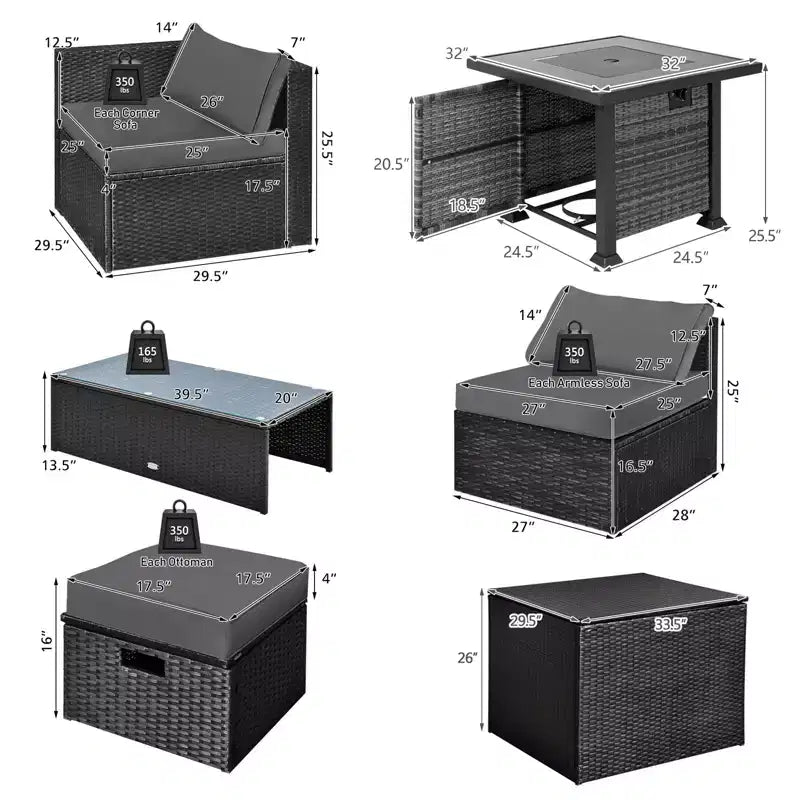 Ensemble de mobilier de patio Costway 9 pièces avec table foyer 32 po 50 000 BTU, foyer au propane carré noir/gris/bleu marine/rouge/turquoise/blanc