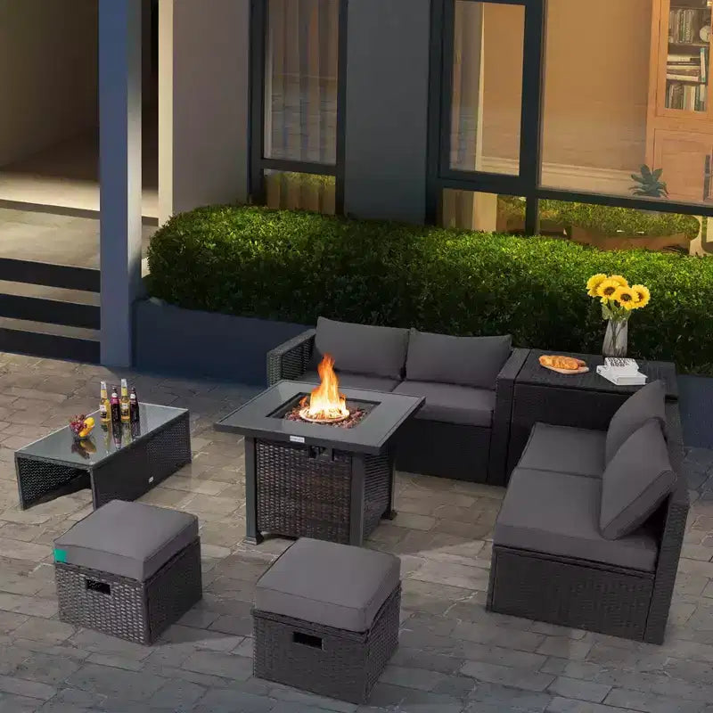 Ensemble de mobilier de patio Costway 9 pièces avec table foyer 32 po 50 000 BTU, foyer au propane carré noir/gris/bleu marine/rouge/turquoise/blanc