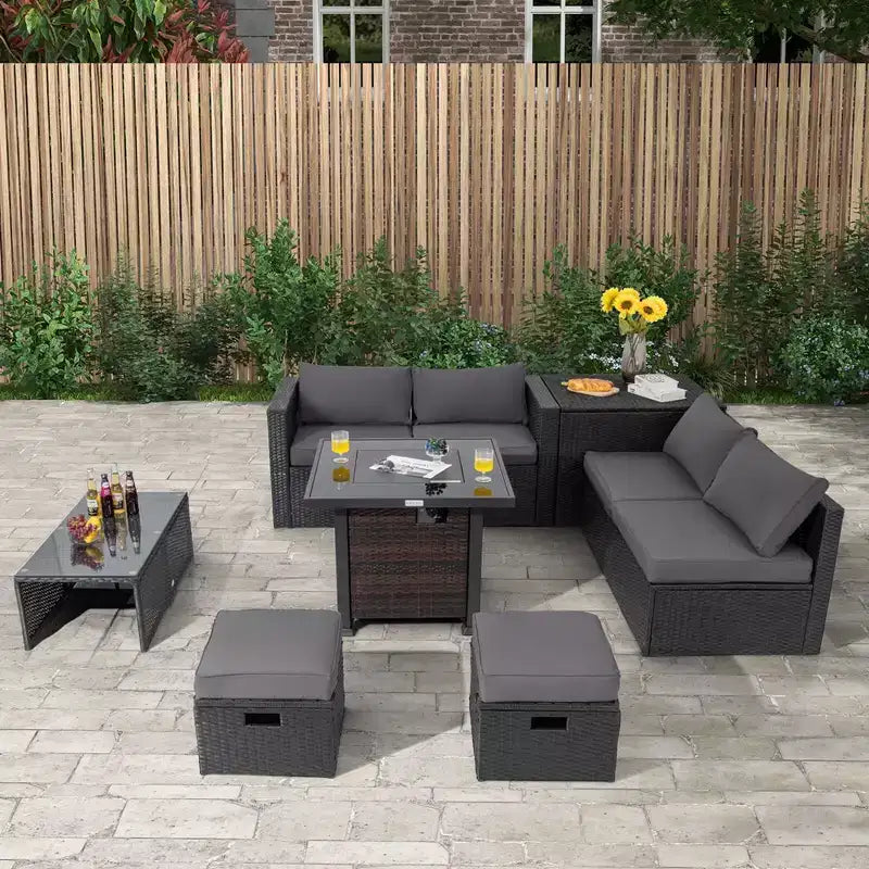 Ensemble de mobilier de patio Costway 9 pièces avec table foyer 32 po 50 000 BTU, foyer au propane carré noir/gris/bleu marine/rouge/turquoise/blanc