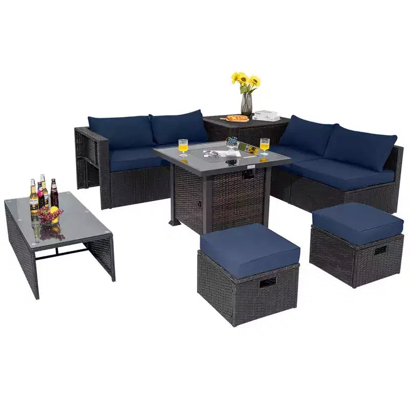 Ensemble de mobilier de patio Costway 9 pièces avec table foyer 32 po 50 000 BTU, foyer au propane carré noir/gris/bleu marine/rouge/turquoise/blanc