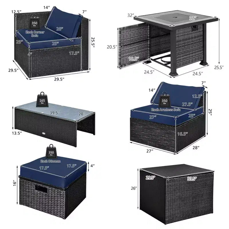 Ensemble de mobilier de patio Costway 9 pièces avec table foyer 32 po 50 000 BTU, foyer au propane carré noir/gris/bleu marine/rouge/turquoise/blanc