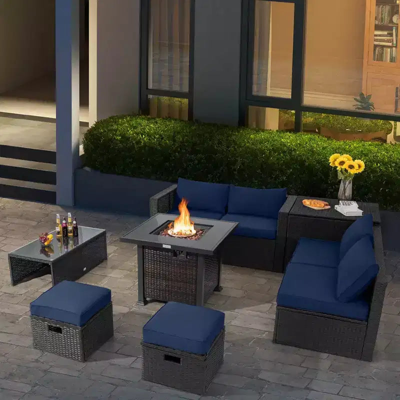 Ensemble de mobilier de patio Costway 9 pièces avec table foyer 32 po 50 000 BTU, foyer au propane carré noir/gris/bleu marine/rouge/turquoise/blanc