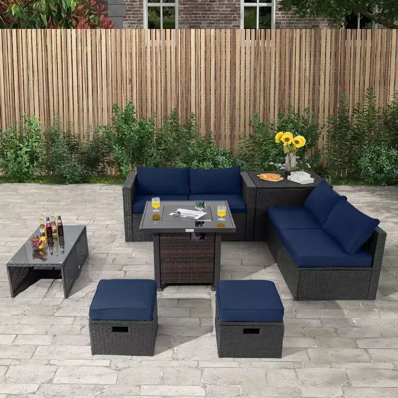 Ensemble de mobilier de patio Costway 9 pièces avec table foyer 32 po 50 000 BTU, foyer au propane carré noir/gris/bleu marine/rouge/turquoise/blanc