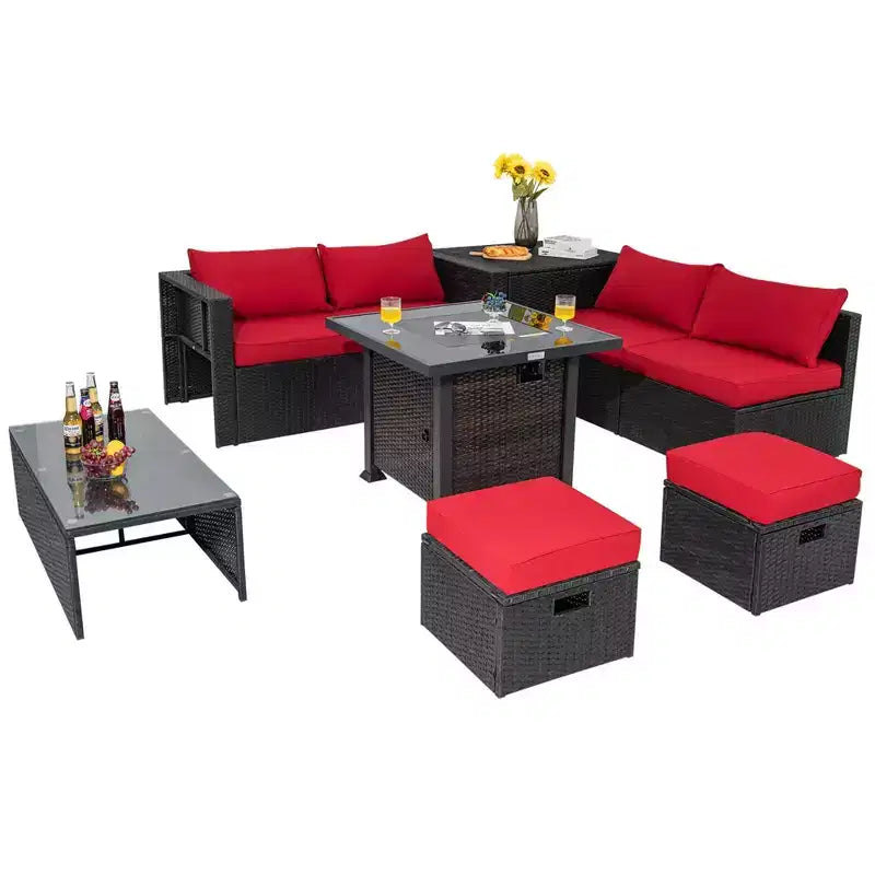 Ensemble de mobilier de patio Costway 9 pièces avec table foyer 32 po 50 000 BTU, foyer au propane carré noir/gris/bleu marine/rouge/turquoise/blanc