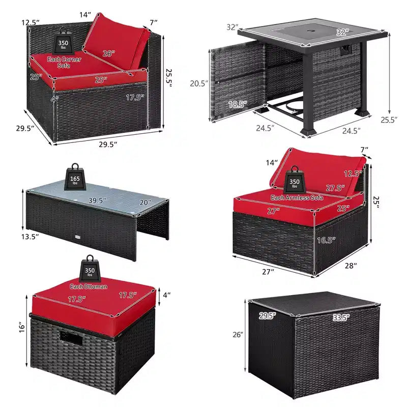 Ensemble de mobilier de patio Costway 9 pièces avec table foyer 32 po 50 000 BTU, foyer au propane carré noir/gris/bleu marine/rouge/turquoise/blanc