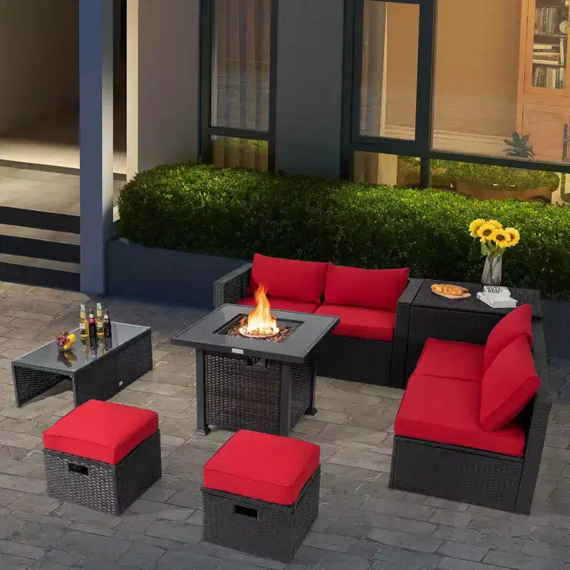 Ensemble de mobilier de patio Costway 9 pièces avec table foyer 32 po 50 000 BTU, foyer au propane carré noir/gris/bleu marine/rouge/turquoise/blanc
