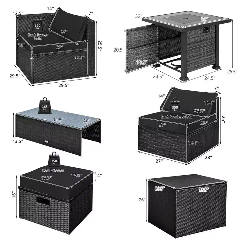 Ensemble de mobilier de patio Costway 9 pièces avec table foyer 32 po 50 000 BTU, foyer au propane carré noir/gris/bleu marine/rouge/turquoise/blanc