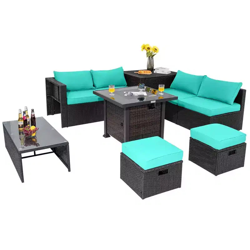 Ensemble de mobilier de patio Costway 9 pièces avec table foyer 32 po 50 000 BTU, foyer au propane carré noir/gris/bleu marine/rouge/turquoise/blanc