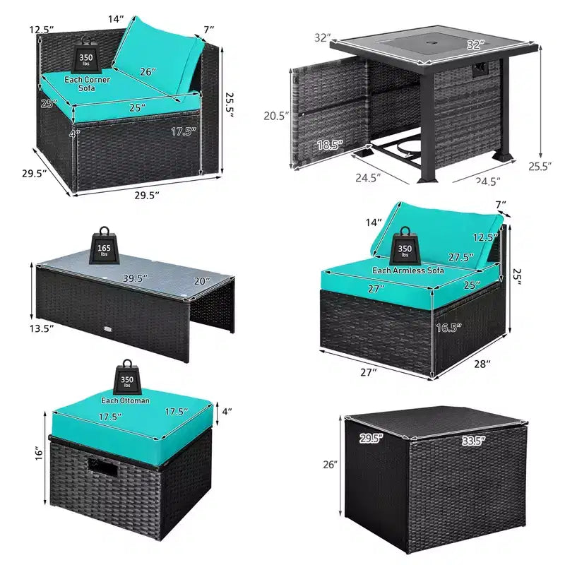 Ensemble de mobilier de patio Costway 9 pièces avec table foyer 32 po 50 000 BTU, foyer au propane carré noir/gris/bleu marine/rouge/turquoise/blanc