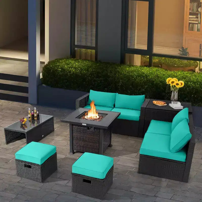 Ensemble de mobilier de patio Costway 9 pièces avec table foyer 32 po 50 000 BTU, foyer au propane carré noir/gris/bleu marine/rouge/turquoise/blanc