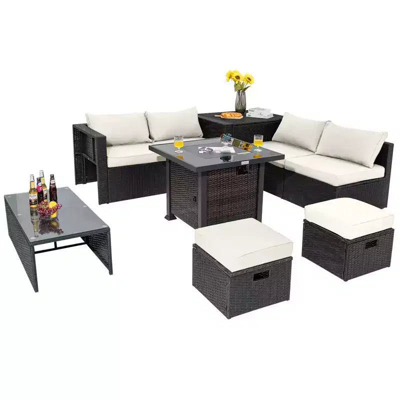 Ensemble de mobilier de patio Costway 9 pièces avec table foyer 32 po 50 000 BTU, foyer au propane carré noir/gris/bleu marine/rouge/turquoise/blanc