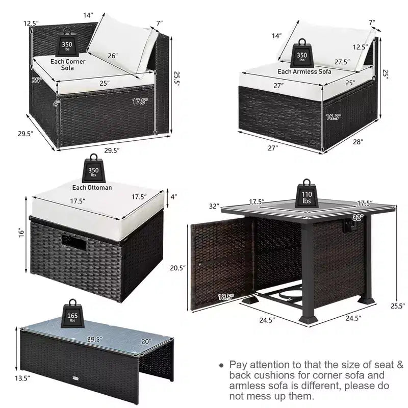 Ensemble de mobilier de patio Costway 9 pièces avec table foyer 32 po 50 000 BTU, foyer au propane carré noir/gris/bleu marine/rouge/turquoise/blanc