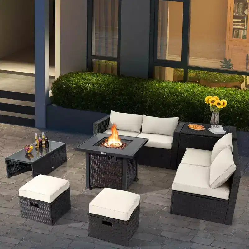Ensemble de mobilier de patio Costway 9 pièces avec table foyer 32 po 50 000 BTU, foyer au propane carré noir/gris/bleu marine/rouge/turquoise/blanc