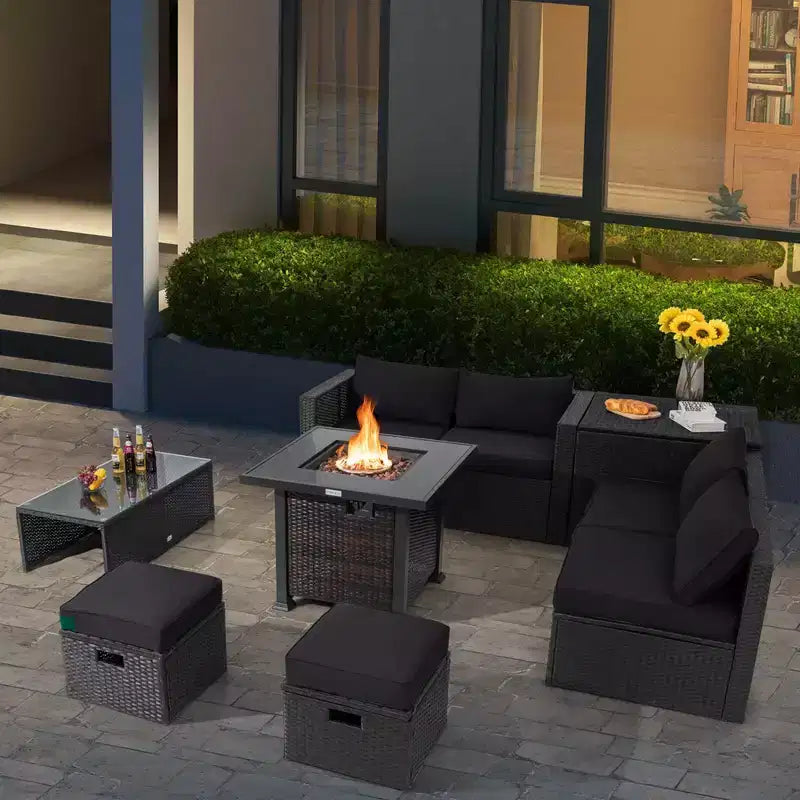 Ensemble de mobilier de patio Costway 9 pièces avec table foyer 32 po 50 000 BTU, foyer au propane carré noir/gris/bleu marine/rouge/turquoise/blanc