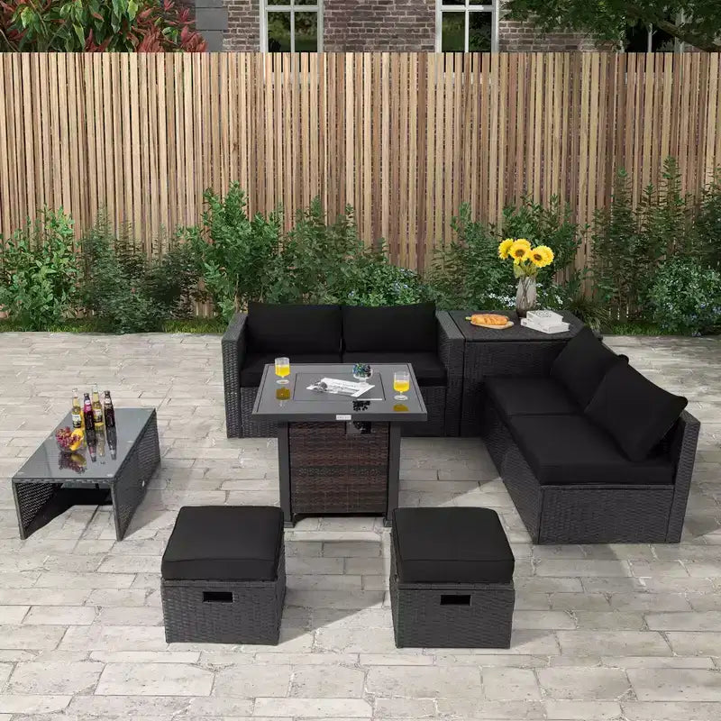 Ensemble de mobilier de patio Costway 9 pièces avec table foyer 32 po 50 000 BTU, foyer au propane carré noir/gris/bleu marine/rouge/turquoise/blanc