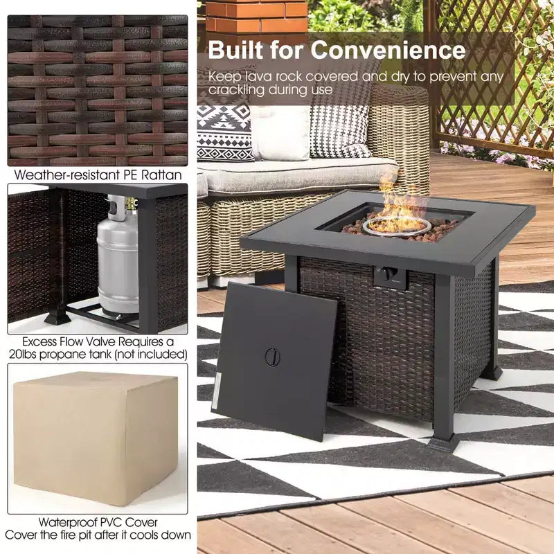 Ensemble de mobilier de patio Costway 9 pièces avec table foyer 32 po 50 000 BTU, foyer au propane carré noir/gris/bleu marine/rouge/turquoise/blanc