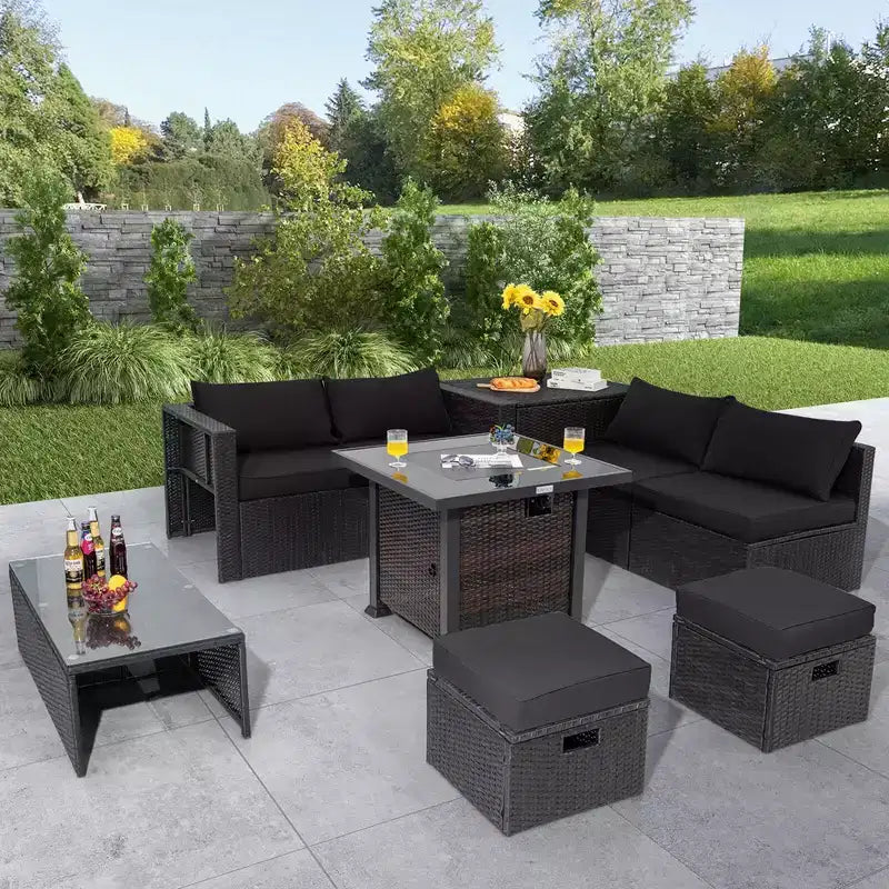 Costway 9 PCS Patio Furniture Set with 32 Fire Pit Table 50,000 BTU Square Propane Fire Pit Black/Grey/Navy/Red/Turquoise/White
