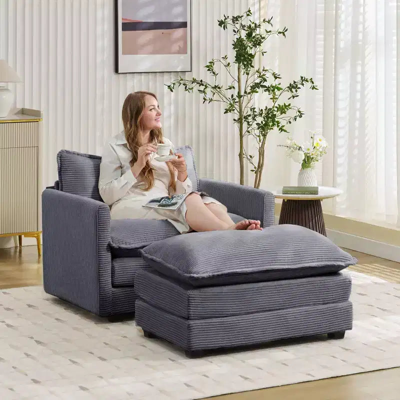 Hyleory Modern Corduroy Fabric Upholstered Accent Chair with Ottoman in