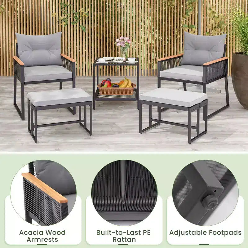 Ensemble de conversation d'extérieur 5 pièces Costway avec fauteuils en rotin et table d'appoint à 2 niveaux