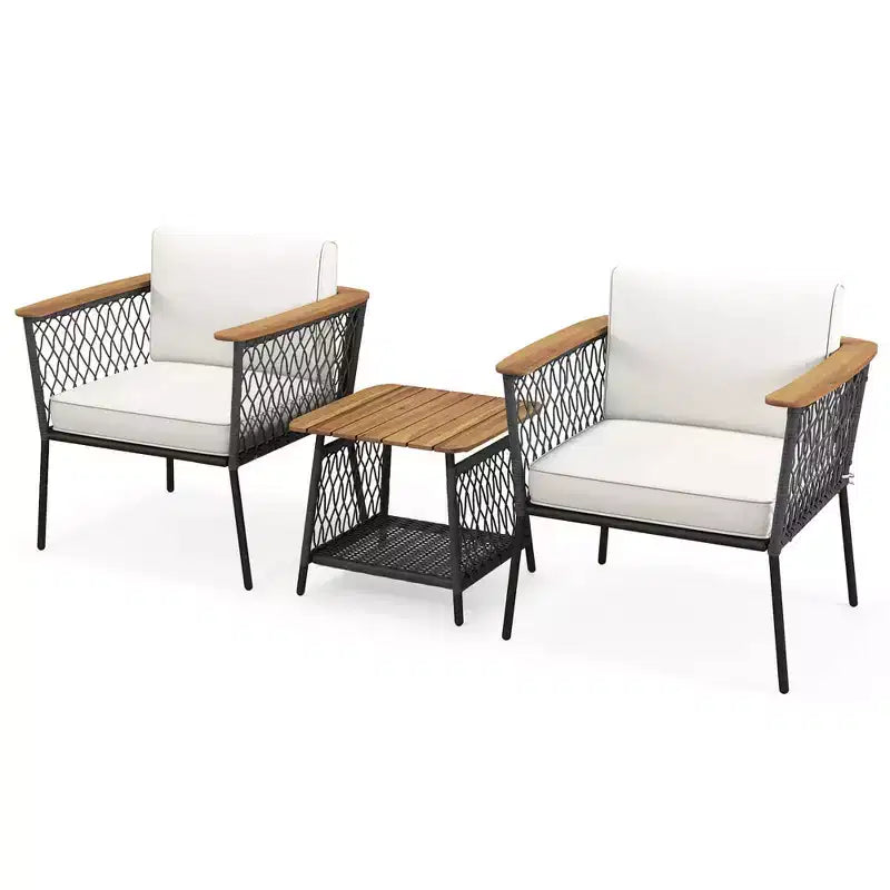 Ensemble de meubles de patio Costway 3 pièces avec table basse à 2 niveaux et accoudoirs et plateau en bois d'acacia